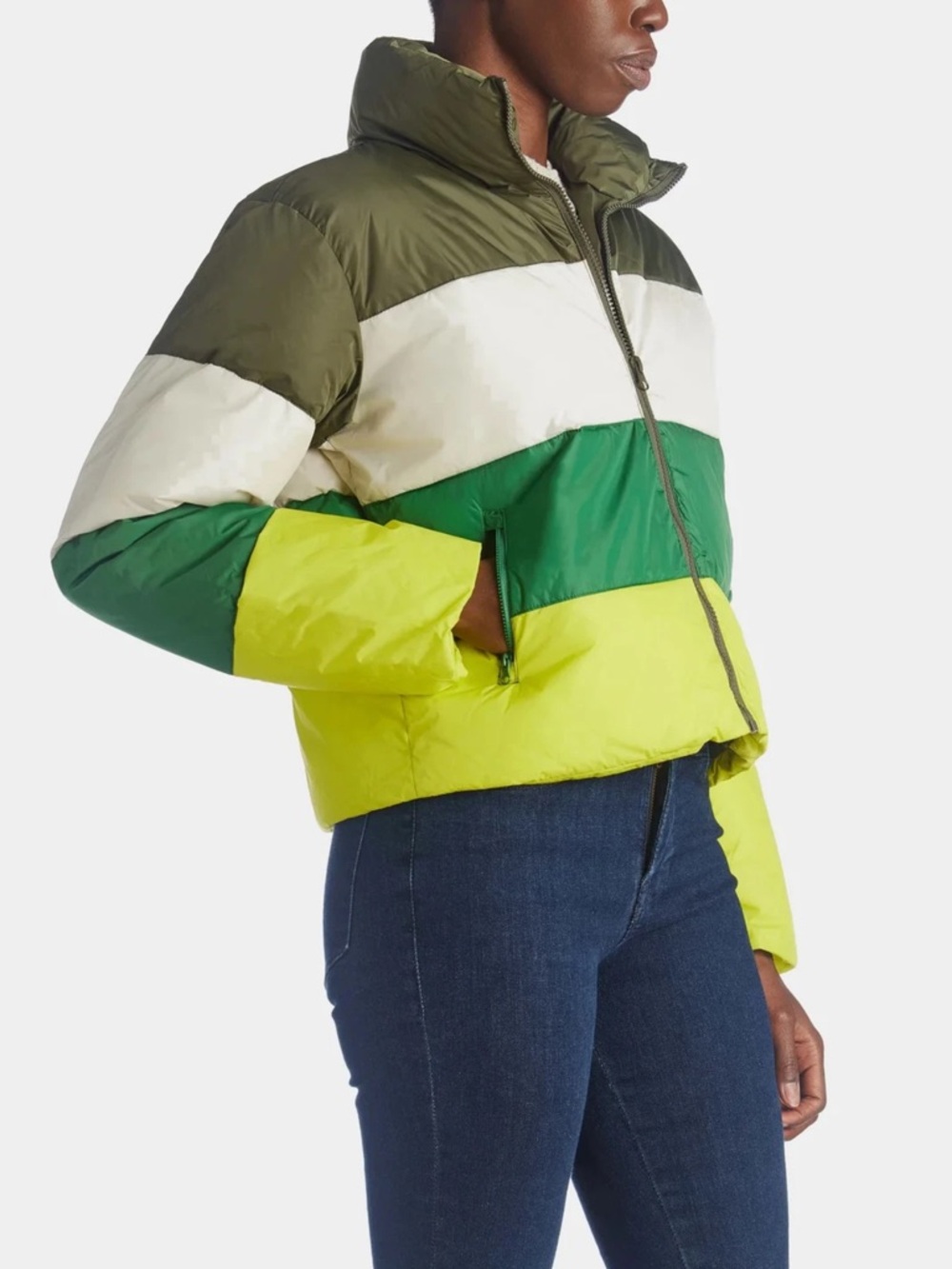 Steve Madden Women's Daisy
Colorblock Puffer Zip Jacket Greens, Yellow, & White - Picture 3 of 6